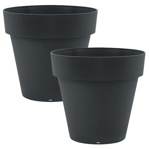 Classic Round Plastic Plant Pot with Wide Lip, Lightweight UV Resistant Flower Pot with Drainage Holes, Indoor & Outdoor Planter for Herbs, Vegetables & Flowers (2 Pack) (Dark Grey, 22 INCH)