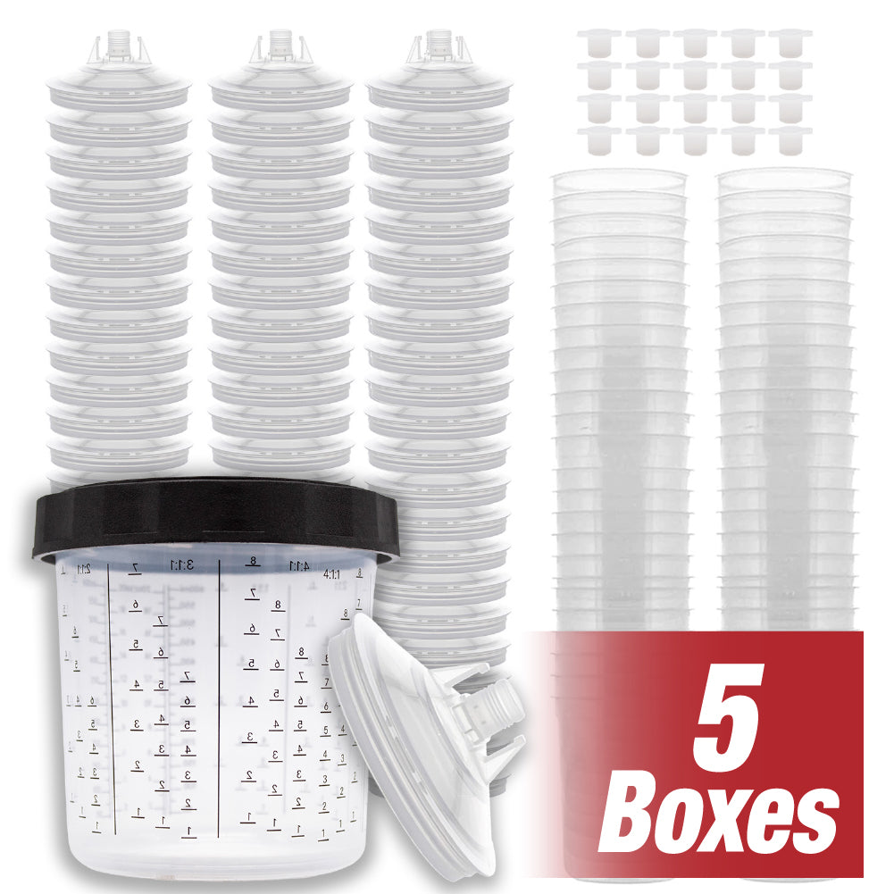 Disposable Paint Spray Gun Cups Liners and Lid System, 50 pack Standard Size 20 Ounce (600ml) Kit - 50 Cup Liners, 50 Lids with 190 Mic Strainer, 1 Hard Cup with Retainer Ring and 20 Plugs