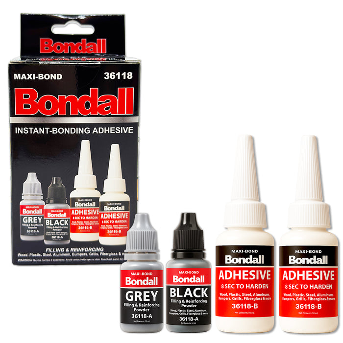 BONDALL Instant Bonding Adhesive Repair Kit, 4PC Set with (2) Super Glue Bottles, Plastic & Metal Reinforcing Powders (Black & Grey), Strong Waterproof Adhesive.
