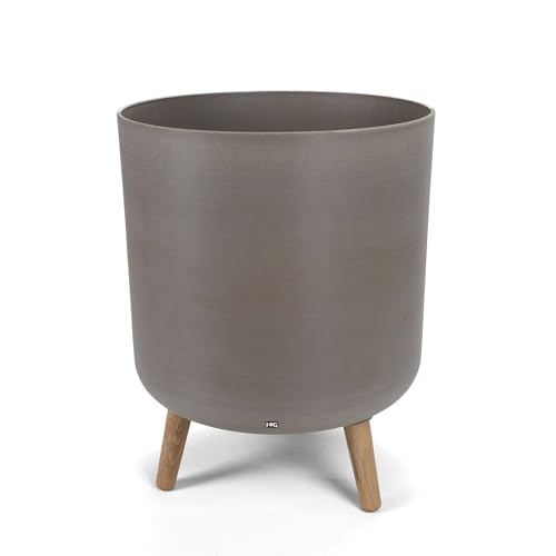 14 Inch Plastic Planter Pot with Stand, Handcrafted Modern Plant Pot, Durable Tall Flower Pot for Indoor & Outdoor Plants, Living Room & Garden Decor, Light Coffee/Natural Wooden Legs (2 Pack)
