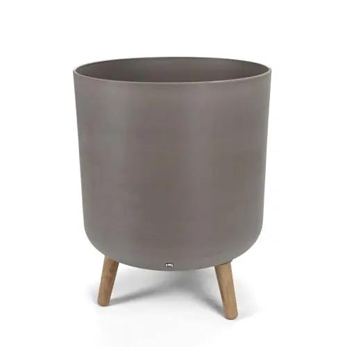 14 Inch Plastic Planter Pot with Stand, Handcrafted Modern Plant Pot, Durable Tall Flower Pot for Indoor & Outdoor Plants, Living Room & Garden Decor, Light Coffee/Natural Wooden Legs (2 Pack) LAUCO