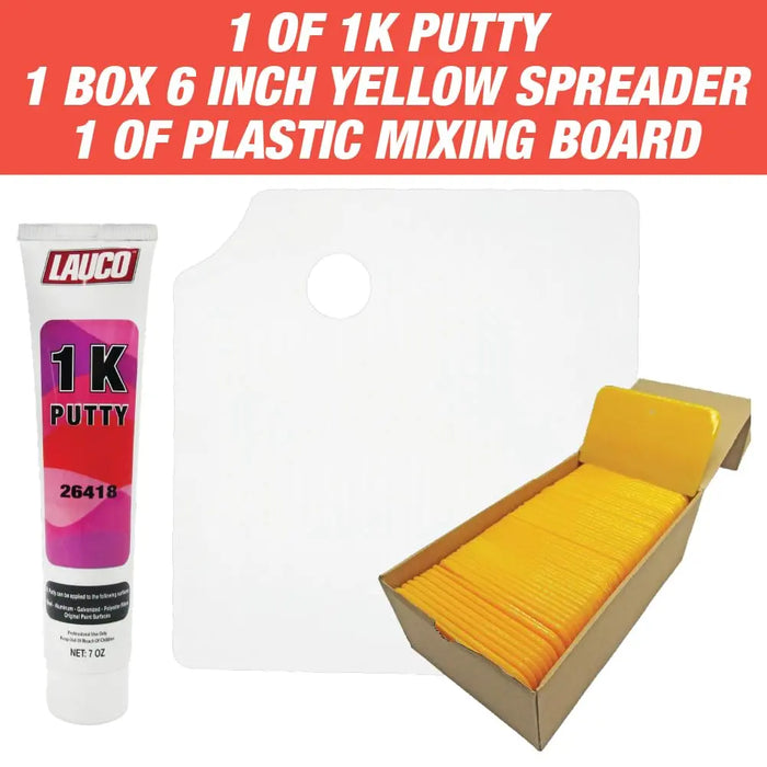 1K Combination Body Filler Putty, 6" Spreaders (100 Pack) & 1 Plastic Reusable Mixing Board - Quick & Easy Repairs for Multiple Surfaces National Supply Company
