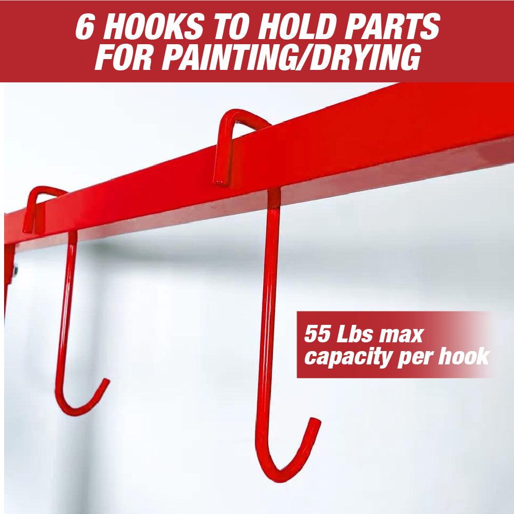 Adjustable Height Painting Hanger Rack, Automotive Paint Stand 6 Hooks and Swiveling Wheels