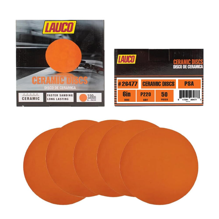 6” Premium Ceramic Orange PSA Discs - 220 Grit (Box of 50) - No Hole, self Adhesive Random Orbital Sander Discs for Sanding Polishing on Fiberglass, Metal, Wood (GRIT 220)