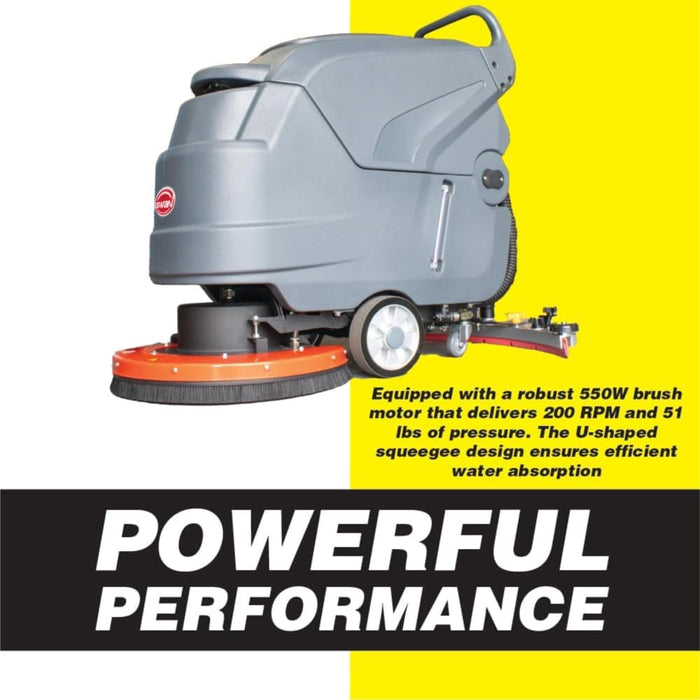 SWAN Commercial Floor Scrubber Machine - 22" Cleaning Width, 14.5 Gal Sewage Tank, Dual Brushes, Lead Acid Battery Powered, High Efficiency for Large Areas