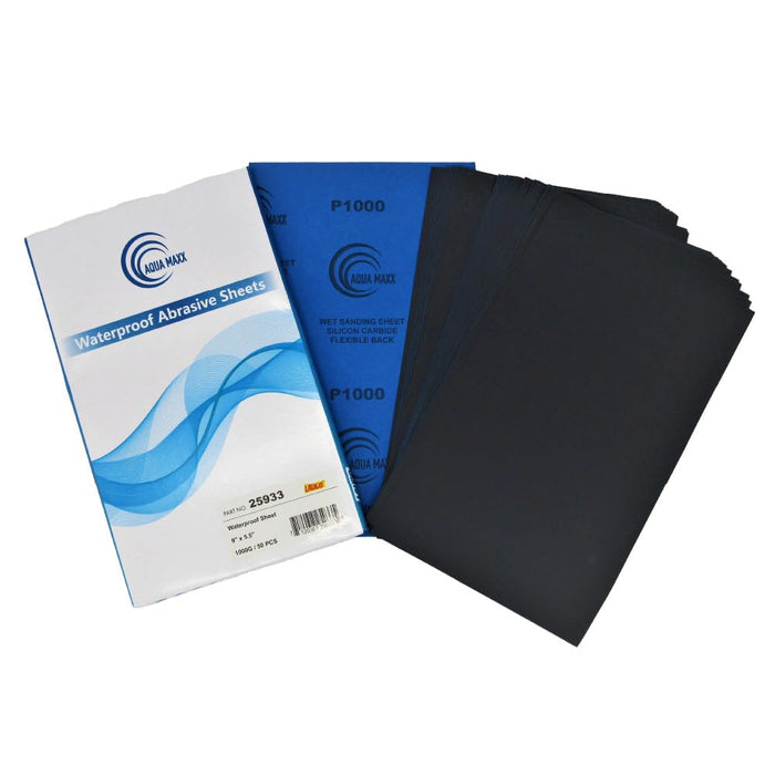 Aqua Maxx Wet or Dry Sandpaper, 9x5.5 Inches, Box of 50 - Abrasive Paper Sheets for Automotive Sanding, Detailing, Polishing Automotive, Woodworking Wood Furniture (1000 Grit, 50) 25933
