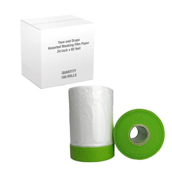 Pre-Taped Masking Film Tape and Drape, No Residue Painters Plastic Drop Cloth for Painting - Plastic Paint Tape and Drape for Automotive Painting Covering - Bulk Case (24 Inches x 82 Feet - 100 Rolls)