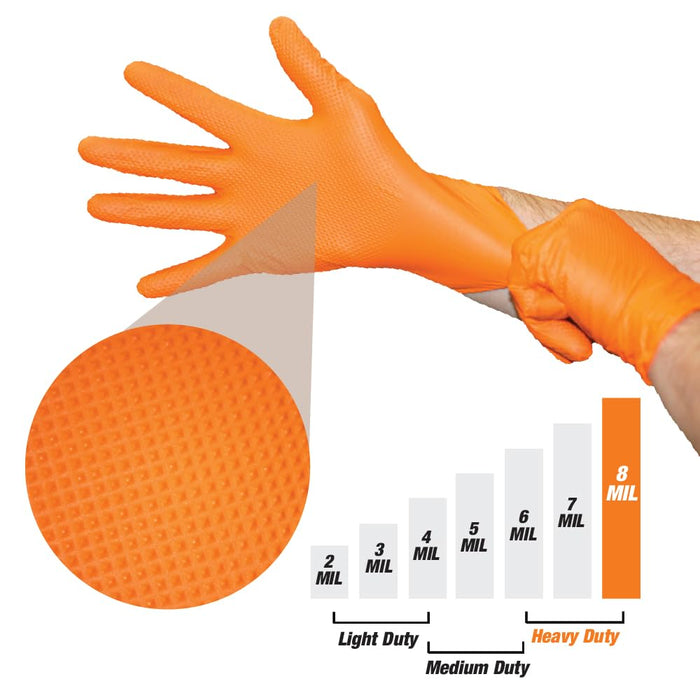 Heavy Duty 8-Mil Industrial Orange Nitrile Gloves with Raised Diamond Texture, X-Large, Latex Free, Powder Free, Pack of 1000 (10 Boxes) 87286