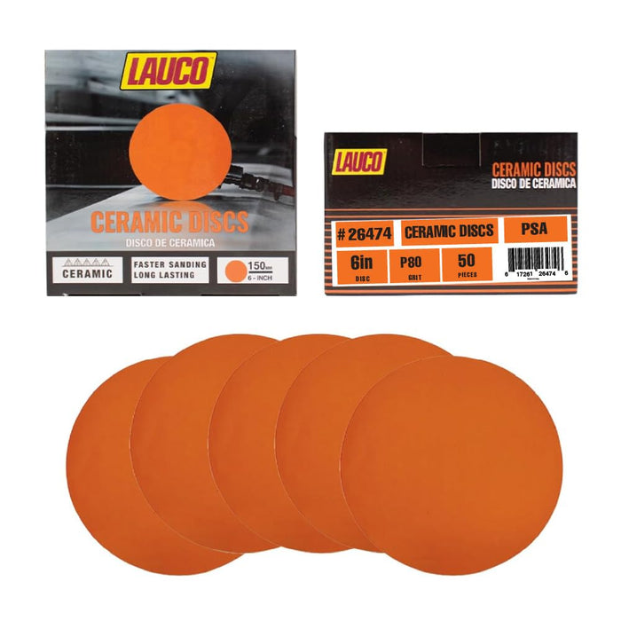6” Premium Ceramic Orange PSA Discs - 80 Grit (Box of 50) - No Hole, self Adhesive Random Orbital Sander Discs for Sanding Polishing on Fiberglass, Metal, Wood (GRIT 80)