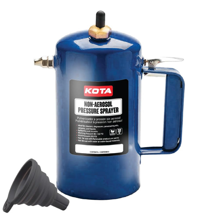 LAUCO Non Aerosol Pressure Sprayer with Funnel and Extension, Refillable Pressurized Sprayer Bottle for Oil, Solvent, Degreasers, Lubricants - Rechargeable Steel Canister and Brass Nozzles, 32oz 69532