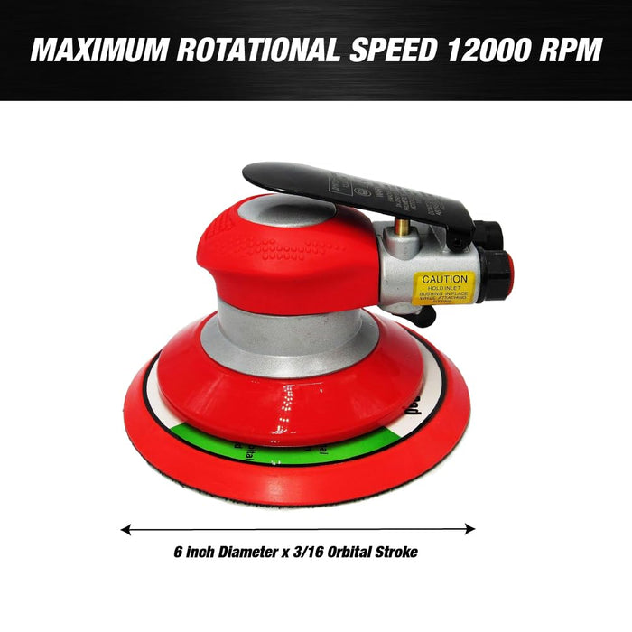 MAXX PROS Pneumatic Random Orbital Palm Sander, 6″ Air-Driven Dual Action Finish Sander for Auto Body, Wood & Metal, High RPM, Lightweight & Ergonomic Design 9000