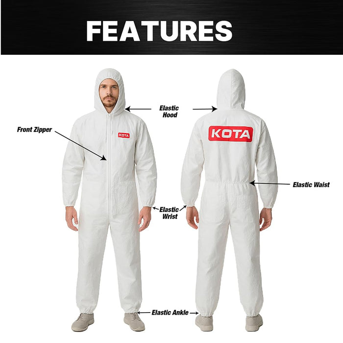 LAUCO White Polyester Reusable Paint Coverall Spray Suit with Hood, Elastic Waist and Wrist, Water Resistant, Lint Free, and Washable - Medium, Pack of 5