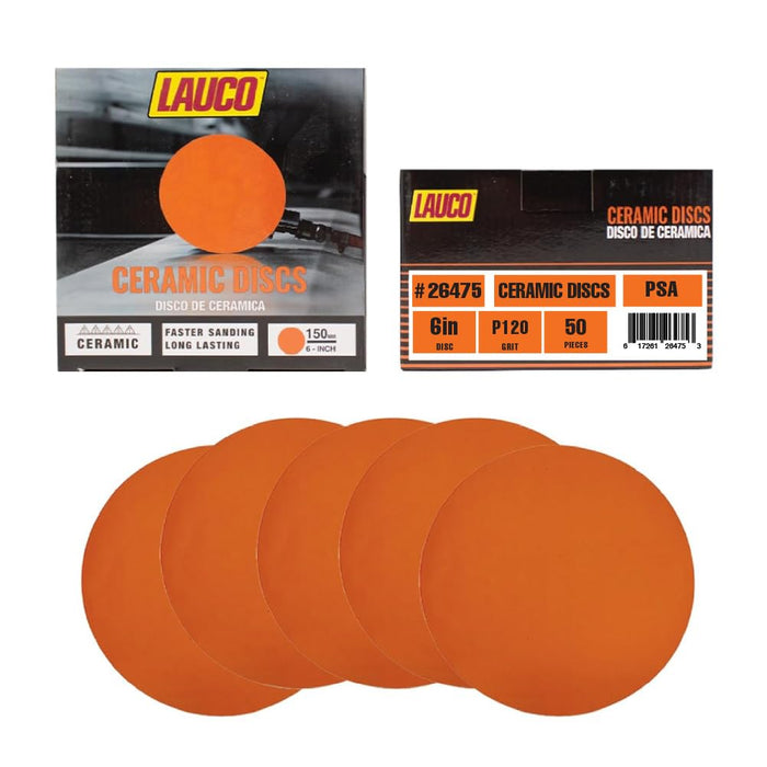 6” Premium Ceramic Orange PSA Discs - 120 Grit (Box of 50) - No Hole, self Adhesive Random Orbital Sander Discs for Sanding Polishing on Fiberglass, Metal, Wood (GRIT 120)
