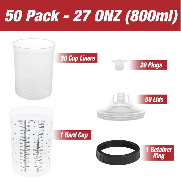 LAUCO Disposable Spray Gun Paint Cups Kit – 50 Pack Liners & Lids with 125 Micron Strainer, Hard Cup, Retainer Ring & Plugs (800ml / 27oz)