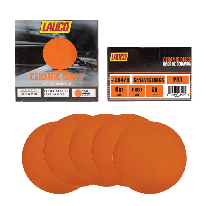 6” Premium Ceramic Orange PSA Discs - 320 Grit (Box of 50) - No Hole, self Adhesive Random Orbital Sander Discs for Sanding Polishing on Fiberglass, Metal, Wood (GRIT 320)