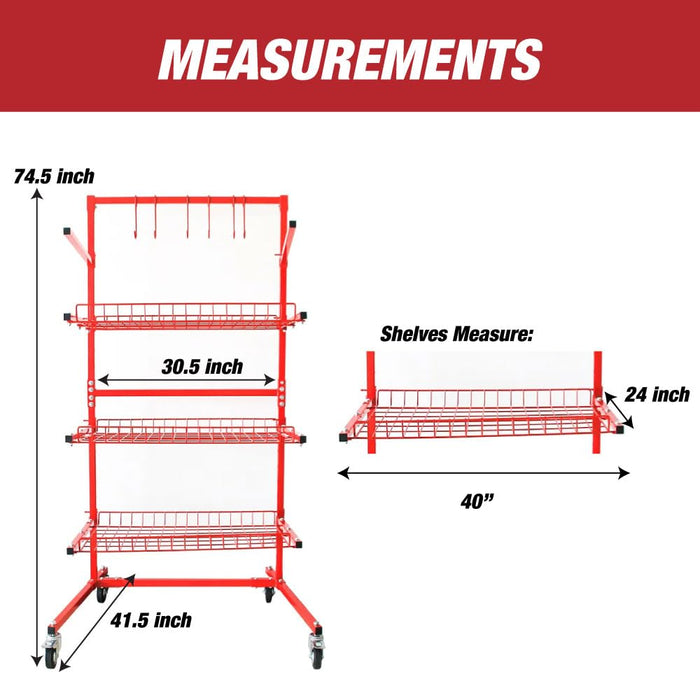 LAUCO Heavy Duty Parts Management Cart – 3-Shelf Rolling Tool Storage Rack with Locking Wheels, Industrial Metal Wire Shelving Unit for Garage, Workshop, Auto Shop, 31" x 41.5" x 74.5" - [7755 A & B]