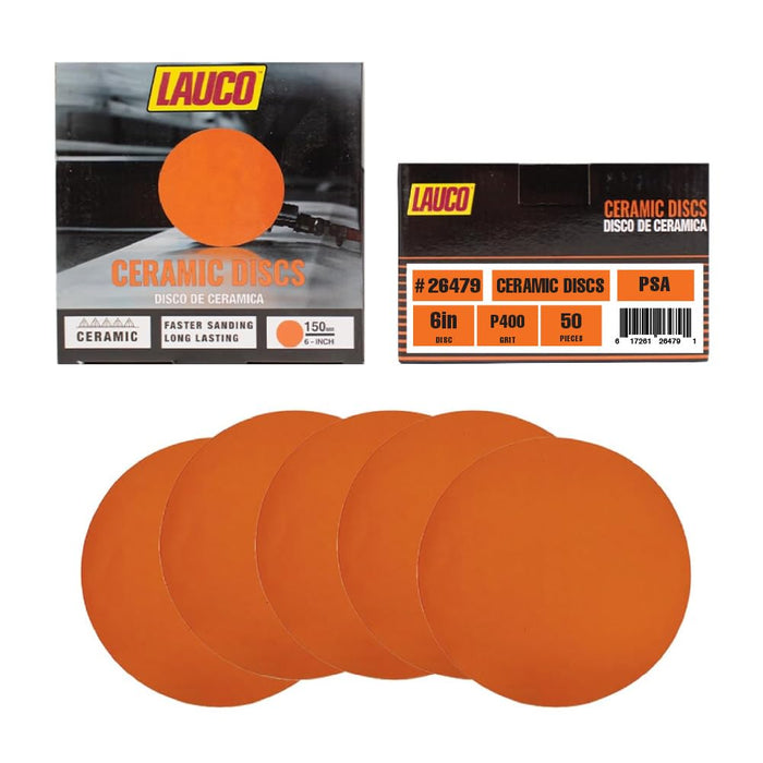 LAUCO 6” Premium Ceramic Orange PSA Discs - 400 Grit (Box of 50) - No Hole, Self Adhesive Random Orbital Sander Discs for Sanding Polishing on Fiberglass, Metal, Wood (GRIT 400)