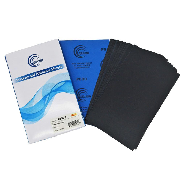 Aqua Maxx Wet or Dry Sandpaper, 9x5.5 Inches, Box of 50 - Abrasive Paper Sheets for Automotive Sanding, Detailing, Polishing Automotive, Woodworking Wood Furniture (800 Grit, 50) 25932