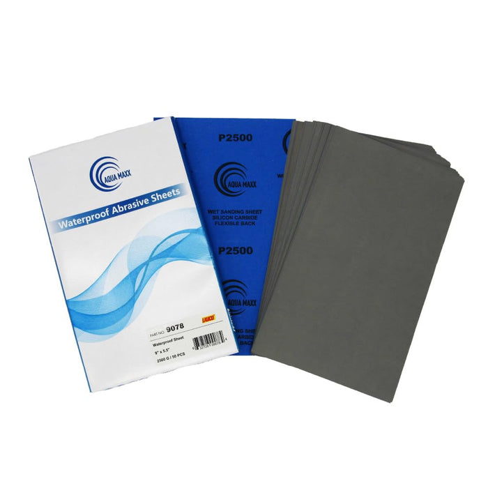 Aqua Maxx Wet or Dry Sandpaper, 9x5.5 Inches, Box of 50 - Abrasive Paper Sheets for Automotive Sanding, Detailing, Polishing Automotive, Woodworking Wood Furniture (2500 Grit, 50)