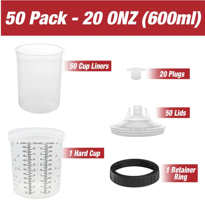 LAUCO Disposable Paint Spray Gun Cups Liners and Lid System 50 Cup Liners, 50 Lids, 1 Hard Cup w/Retainer Ring and 20 Plugs - Compatible w/Original 1.0 System (not 2.0) (600ml | 20oz | 190 Micron)