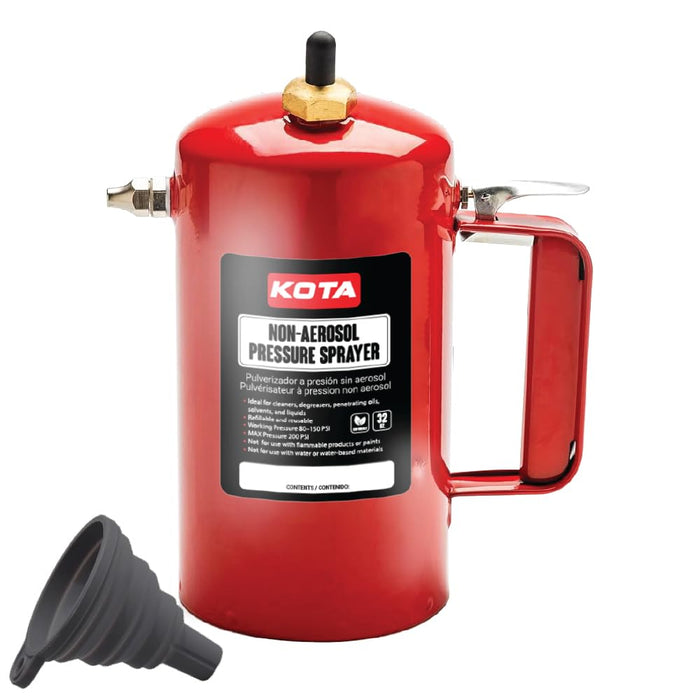 LAUCO Non Aerosol Pressure Sprayer with Funnel and Extension, Refillable Pressurized Sprayer Bottle for Oil, Solvent, Degreasers, Lubricants - Rechargeable Steel Canister and Brass Nozzles, 32oz 69532