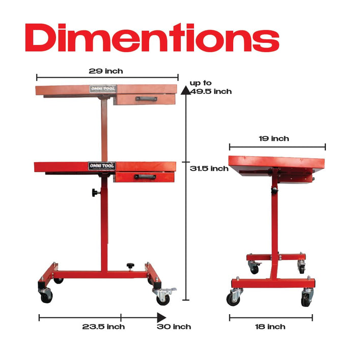 LAUCO Rolling Work Table with Drawer, Adjustable Mobile Tray Table for Shop, Garage, Mechanic Tool Cart with Wheels, 220 lb Capacity, Red [39102]