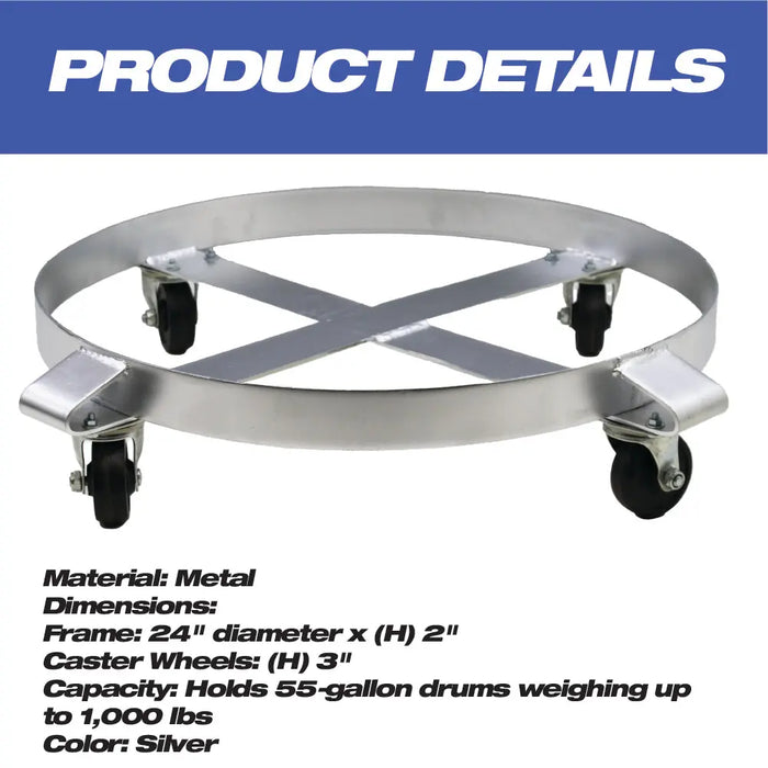 55-Gallon Drum and Garbage Can Dolly – Heavy-Duty Metal Dolly with Cross Braces and Caster Wheels – 1,000-Pound Capacity (Silver) - National Supply Company
