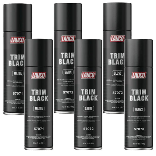 6 Pack Trim Black 13 oz. Automotive Aerosol Spray Paint Can - 6 Aerosol Spray Cans: (2) Trim Satin Black, (2) Trim Matte Black, (2) Trim Gloss Black - Designed for Plastic, Aluminum, Steel and Stainless Steel - National Supply Company