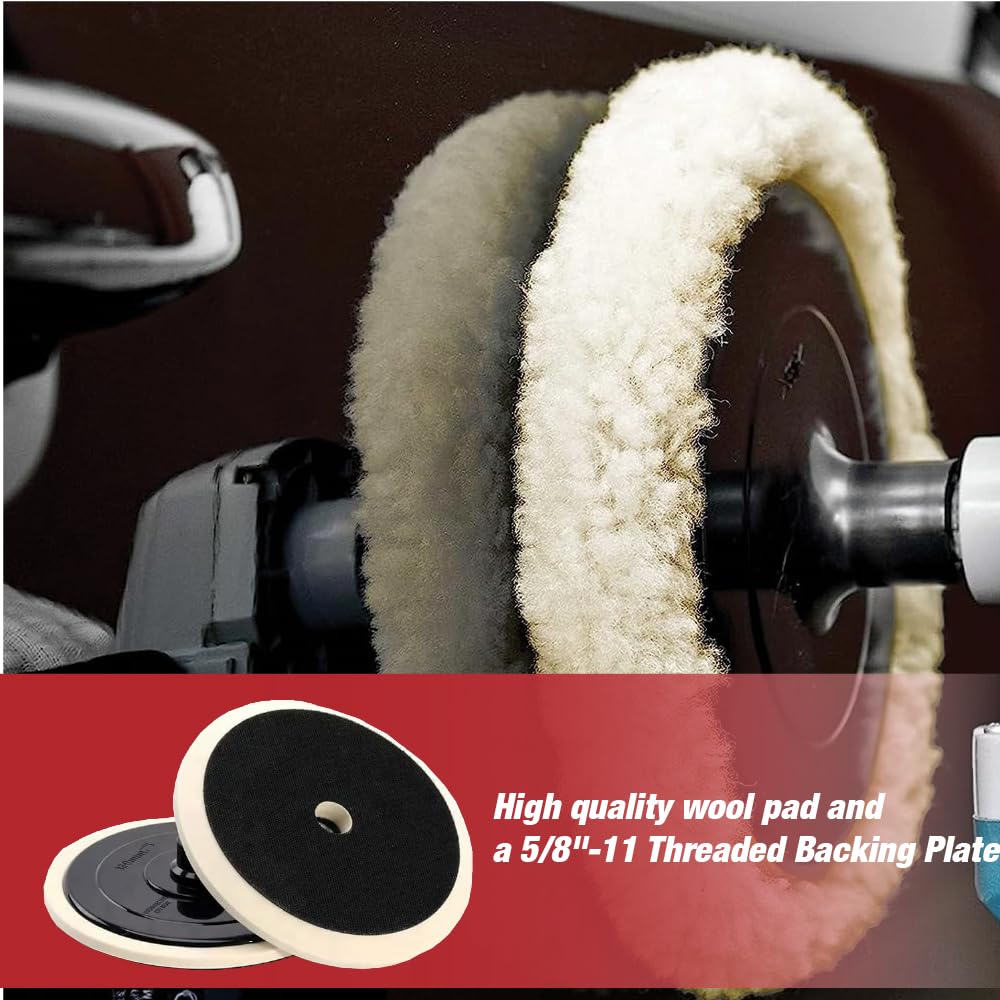 7 inch 9 pcs Polishing Pad Kit with 5 Waffle Foam, 1 100% Wool Grip Pad, 1 Lamb Wool Pad, 1 Microfiber Finishing Pad and 5/8"-11 Threaded Backing Plate for Car Sanding,Polishing, Waxing PPS1689