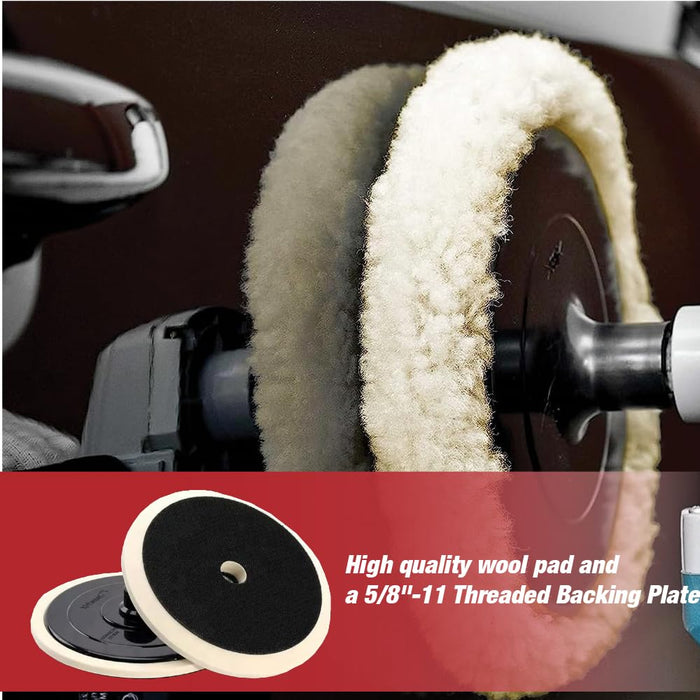 7 inch 9 pcs Polishing Pad Kit with 5 Waffle Foam, 1 100% Wool Grip Pad, 1 Lamb Wool Pad, 1 Microfiber Finishing Pad and 5/8"-11 Threaded Backing Plate for Car Sanding,Polishing, Waxing PPS1689