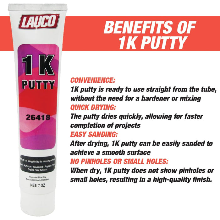 Lauco 1K Combination Body Filler Putty - Pack of 2 - Quick & Easy Repairs for Multiple Surfaces, 7 oz Tube