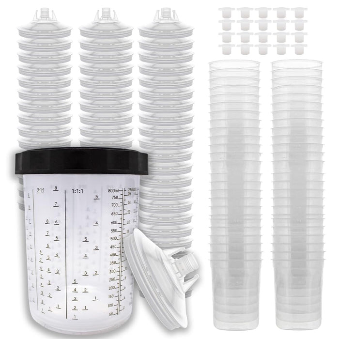 LAUCO Disposable Spray Gun Paint Cups Kit – 50 Pack Liners & Lids with 125 Micron Strainer, Hard Cup, Retainer Ring & Plugs (800ml / 27oz)
