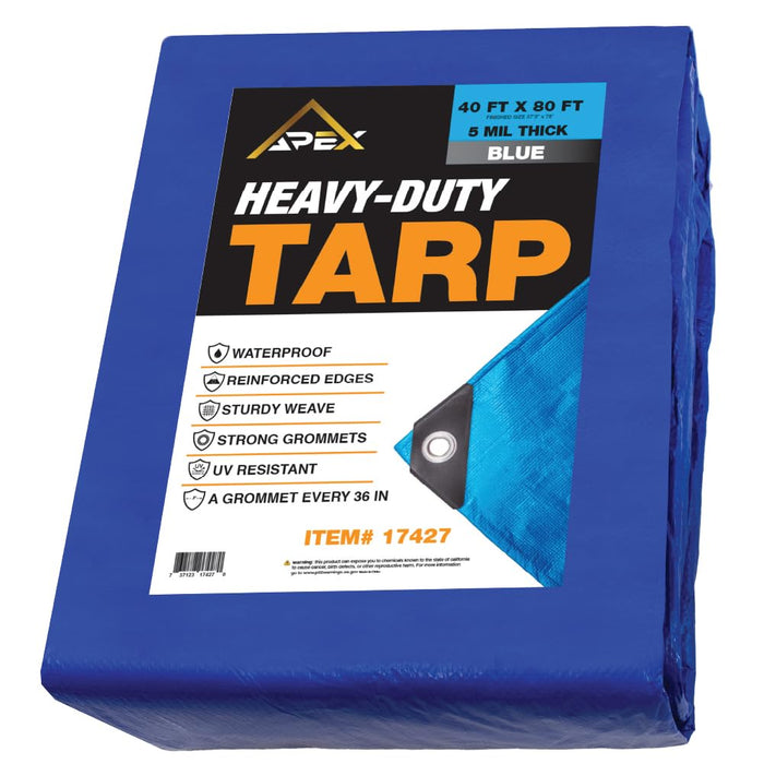 Heavy Duty Blue Tarp - 40ft x 80ft - 5 MIL Multipurpose UV Resistant, Waterproof Protective Tarp Cover with Metal Grommets and Reinforced Edges - for Roof, Camping, Patio, Boat, Car 17427