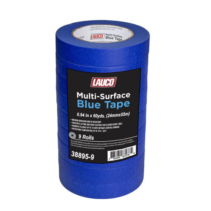LAUCO Multi-Surface Blue Painter’s Masking Tape, Medium Adhesion, UV-Resistant, Clean Removal, 1.88 in x 60 yds (48mm x 55m) Rolls, Ideal for Indoor & Outdoor Painting, Trim, Walls (0.94 In (9 Rolls))