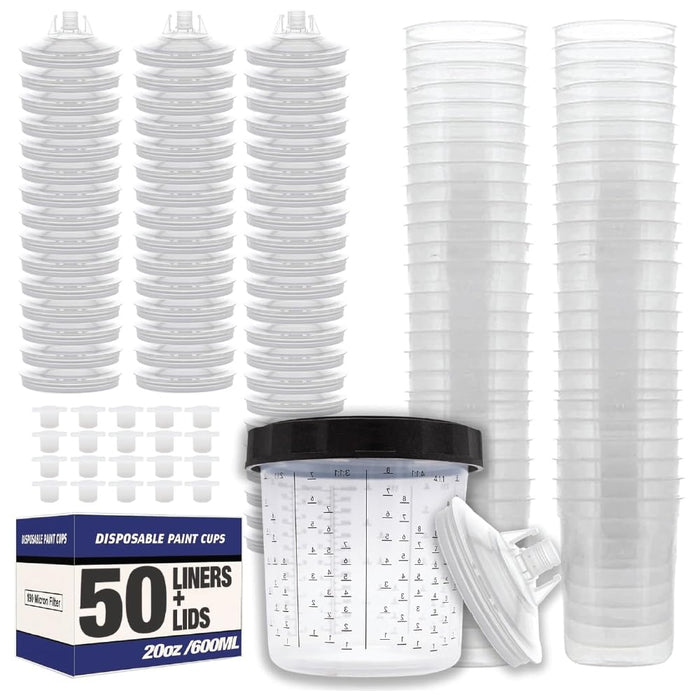 LAUCO Disposable Paint Spray Gun Cups Liners and Lid System 50 Cup Liners, 50 Lids, 1 Hard Cup w/Retainer Ring and 20 Plugs - Compatible w/Original 1.0 System (not 2.0) (600ml | 20oz | 190 Micron)