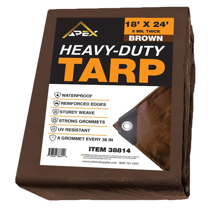 Heavy Duty Brown Tarp - 18ft x 24ft - 5 MIL Multipurpose UV Resistant, Waterproof Protective Tarp Cover with Metal Grommets and Reinforced Edges - for Roof, Camping, Patio, Boat, Car 38814