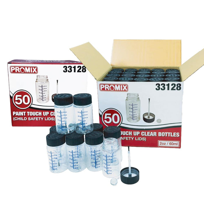 Promix Touch Up Paint Bottles 2oz (Box of 50) – With Child Safety Lids, Mixing Balls, Gradient Markings & Brushes – Solvent-Resistant PET – Car Paint Chip Repair & Scratch Fix Containers (2 Boxes) 33128