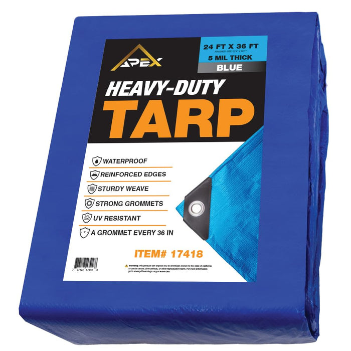 Heavy Duty Blue Tarp - 24ft x 36ft - 5 MIL Multipurpose UV Resistant, Waterproof Protective Tarp Cover with Metal Grommets and Reinforced Edges - for Roof, Camping, Patio, Boat, Car 17418