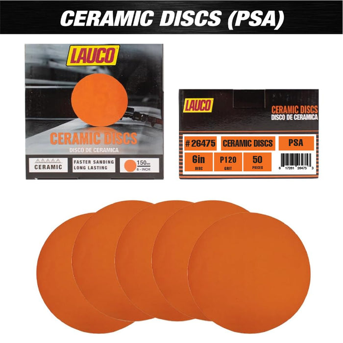 6” Premium Ceramic Orange PSA Discs - 120 Grit (Box of 50) - No Hole, self Adhesive Random Orbital Sander Discs for Sanding Polishing on Fiberglass, Metal, Wood (GRIT 120)