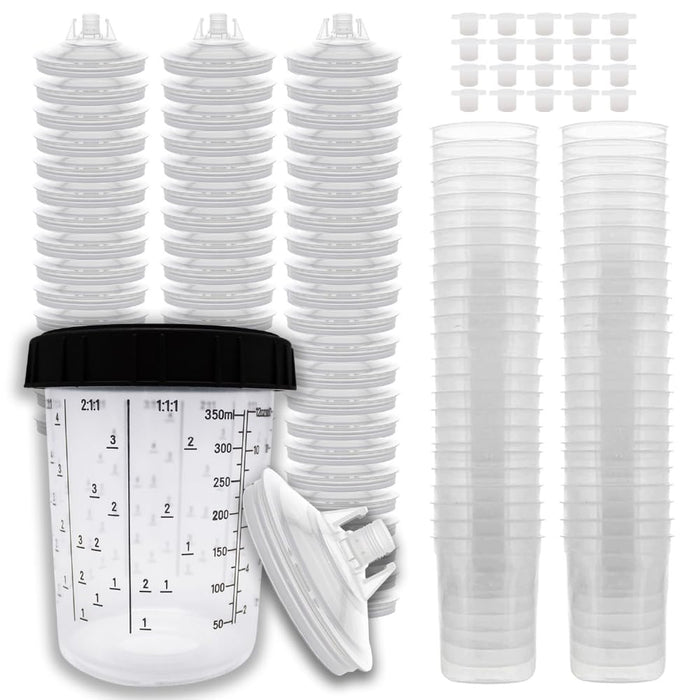 LAUCO Disposable Paint Spray Gun Cups (125 Mic) 50 Lids 50 Liners 1 Hard Cup 1 Collar and 20 Cup Sealing Plugs Compatible with Original 1.0 System (not 2.0) (400ml/13.5oz) 25983