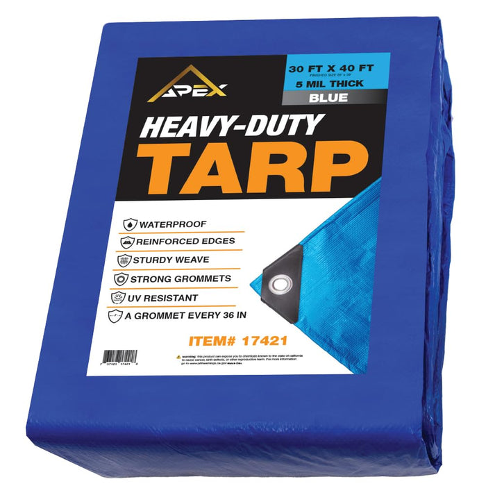 Heavy Duty Blue Tarp - 30ft x 40ft - 5 MIL Multipurpose UV Resistant, Waterproof Protective Tarp Cover with Metal Grommets and Reinforced Edges - for Roof, Camping, Patio, Boat, Car 17421