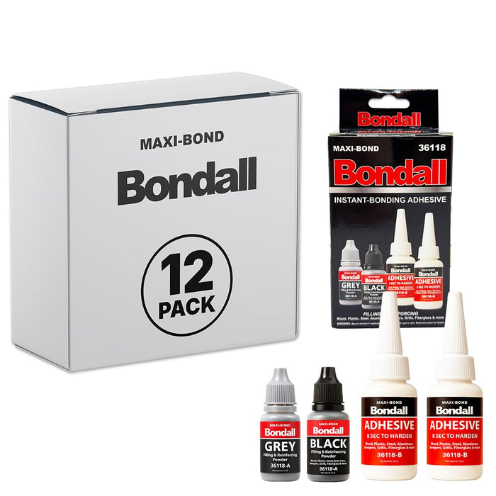 BONDALL Instant Bonding Adhesive Repair Kit, 4PC Set with (2) Super Glue Bottles, Plastic & Metal Reinforcing Powders (Black & Grey), Strong Waterproof Adhesive. (BONDALL - 12 Pack)