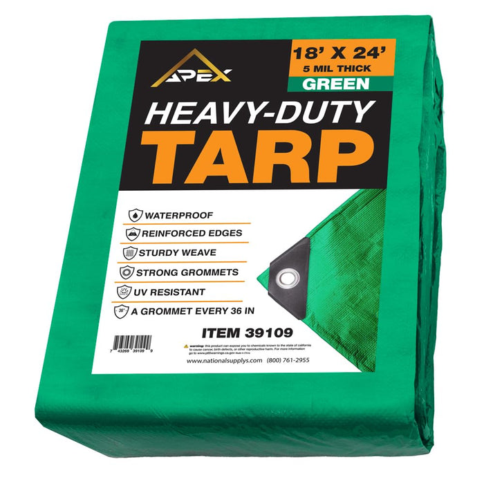 Heavy Duty Green Tarp - 18ft x 24ft - 5 MIL Multipurpose UV Resistant, Waterproof Protective Tarp Cover with Metal Grommets and Reinforced Edges - for Roof, Camping, Patio, Boat, Car 39109