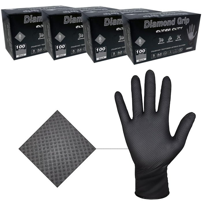 LAUCO Heavy Duty Industrial Black Nitrile Gloves with Raised Diamond Texture, 8-mil, Latex Free, Powder Free (4, Large (Pack of 400)) 87205