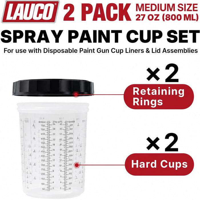 LAUCO 2 Pack Paint Spray Gun Hard Cup Set, 800ML (27 Oz) Reusable Mixing Cups with Retainer Rings, Compatible with Disposable Paint Cup Liner and Lid Systems for Automotive Paint, Primer, Clear Coat