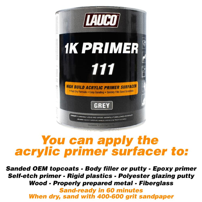 LAUCO 1K High Build Grey Acrylic Primer Surfacer Fast Drying, Easy Sanding, Excellent Adhesion for Metal, Steel, and Body Filler Automotive & Industrial Use, 1 Gallon