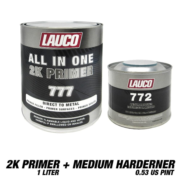 LAUCO All-In-One Direct-to-Metal (DTM) 2K Urethane Primer Surfacer Kit (Gray, 1 Liter) with Medium Hardener/Activator (8 oz) – High Build Filler/Sealer (4:1 Mix) 722