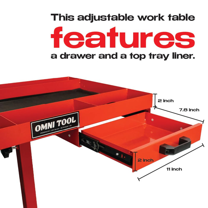 LAUCO Rolling Work Table with Drawer, Adjustable Mobile Tray Table for Shop, Garage, Mechanic Tool Cart with Wheels, 220 lb Capacity, Red [39102]