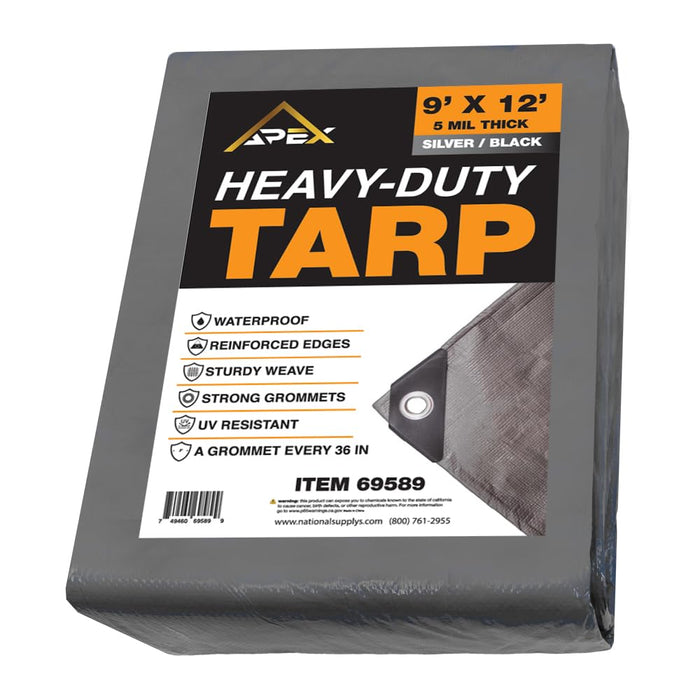 Heavy Duty Tarp 5 MIL Multipurpose UV Resistant, Waterproof Protective Tarp Cover with Metal Grommets and Reinforced Edges - for Roof, Camping, Patio, Boat, Car (Silver/Black, 9ft x 12 ft) 69589
