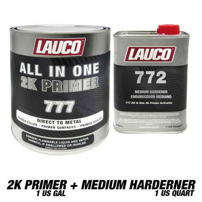 LAUCO All-In-One Direct-to-Metal (DTM) 2K Urethane Primer Surfacer Kit (Gray, 1 Gallon) with Medium Hardener/Activator (1 Quart) – High Build Filler/Sealer (4:1 Mix) 772
